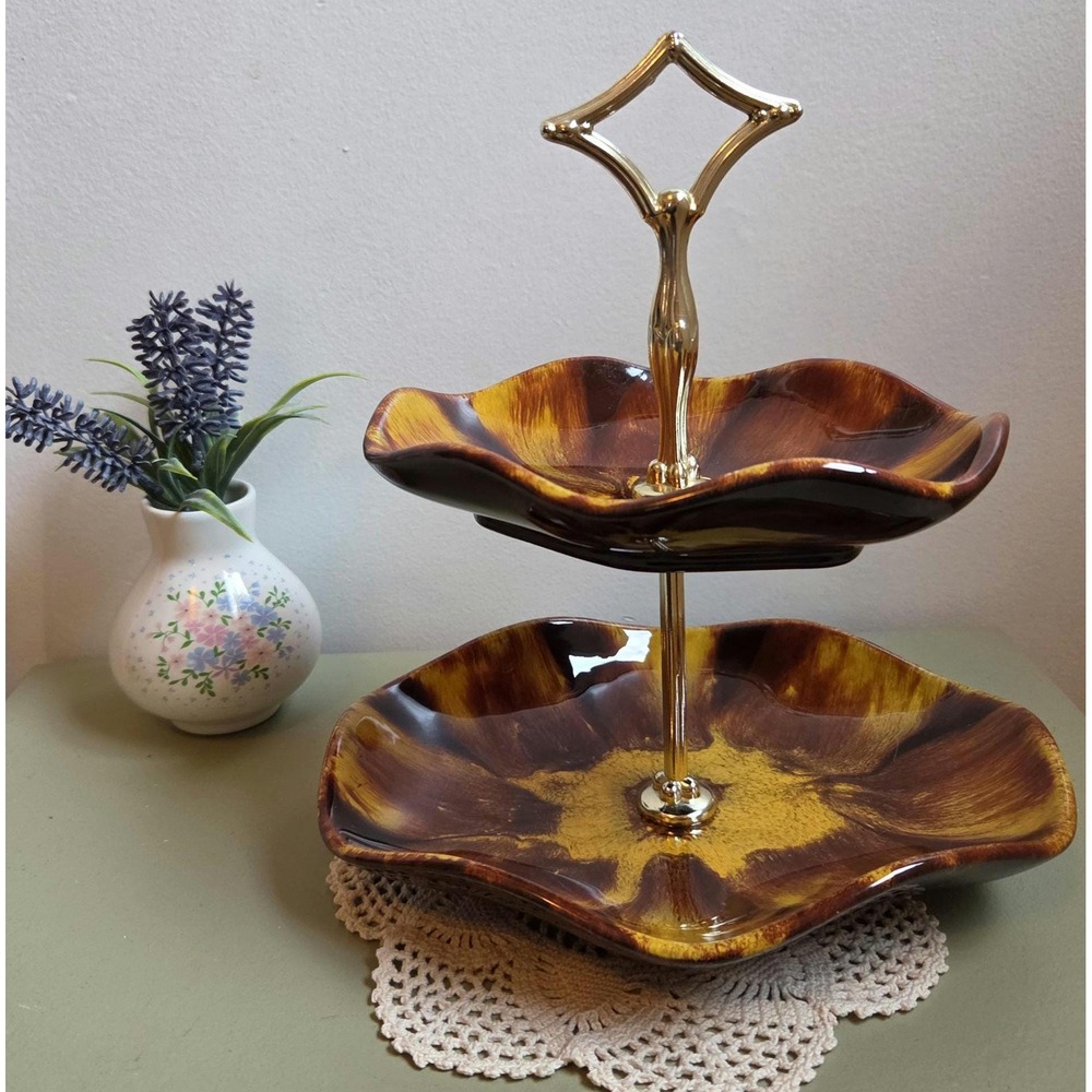 Vintage 2 Tier Ceramic Serving Tray Brown Yellow Drip Glaze MCM Dessert Stand